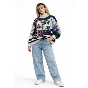 vintage 90s PARIS SPORT CLUB sweater LARGE crochet floral mock neck chunky